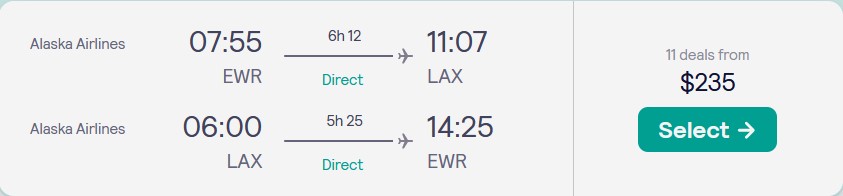Vuelos sin escalas desde Nueva York a Los Ángeles por solo $235 ida y vuelta con Alaska Airlines.  También funciona a la inversa.  Imagen de billete de oferta de vuelo.